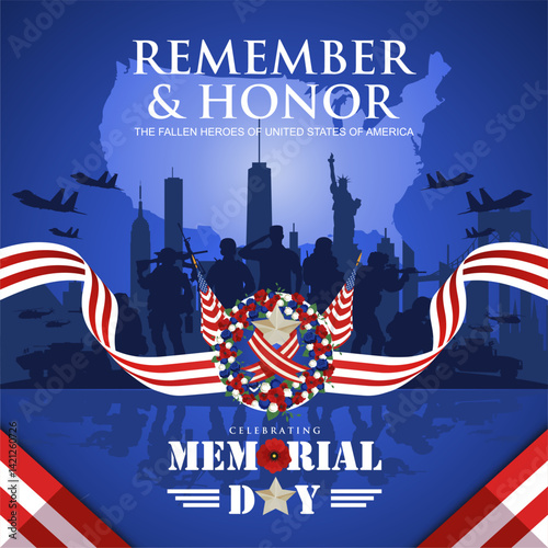 Memorial day 2025 concept idea with American pride, U.S. military salute and red poppies wreath. Remember and honor greeting design for Memorial Day 2025 in United States. 
