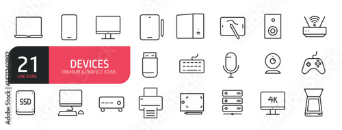 Set of line icons monitors, smart phone, tablets, laptops, electronic devices. Outline icons collection. Editable stroke. Vector illustration. stock illustration
