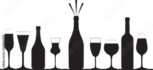 Silhouette Set of Wine and Champagne Glasses with Bottles