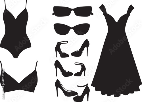 Fashion Silhouette Set of Women's Apparel and Accessories