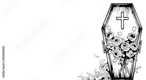Wooden coffin adorned with roses drawing, monochrome, memorial imagery.