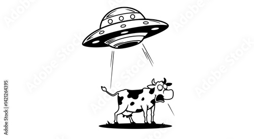 Frightened cartoon cow looking up at UFO beaming against plain background