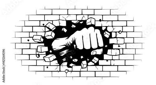 Fist breaking through brick wall illustration, black and white, symbolic graphic novel style.