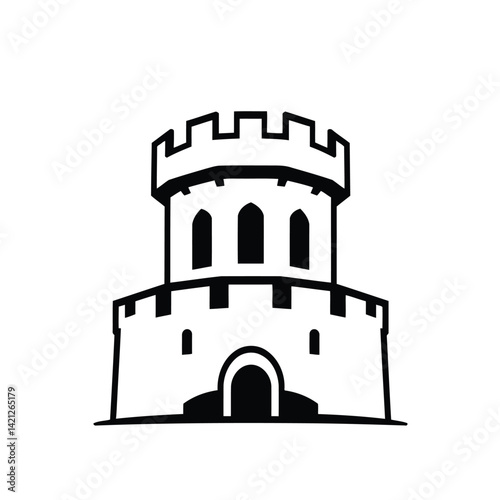 Geometric castle tower logo, black silhouette against white, employing clean lines and balanced symmetry, in a flat vector style, projecting strong brand identity