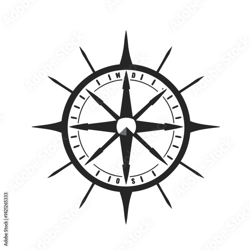 Geometric compass logo design black silhouette compass icon with sharply defined arrows. The white background accentuates the balance and symmetry of the design