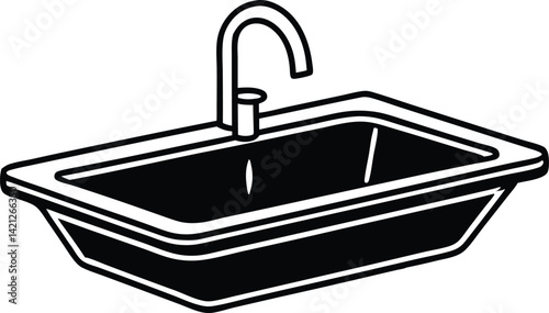 Black and White Silhouette of a Beautiful Kitchen Item Sink Vector Illustration