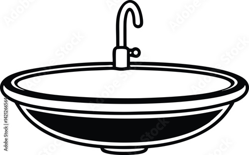 Black and White Silhouette of a Beautiful Kitchen Item Sink Vector Illustration