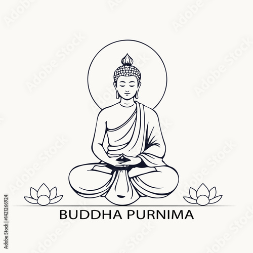 Minimalist Illustration of Buddha Meditation with Lotus Flowers for Buddha Purnima