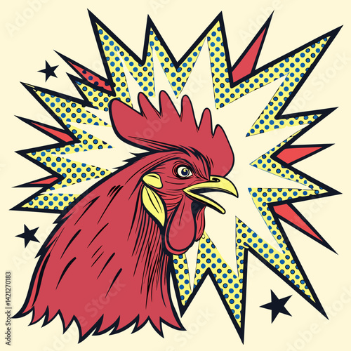 Colorful Pop Art Rooster Head – Halftone Explosion Background