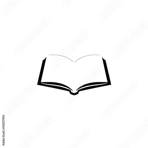 An open book icon, solid black silhouette, vector style, centered on a white background. Emphasis on balance, symmetry, and visual clarity for a clean, minimal, educational aesthetic