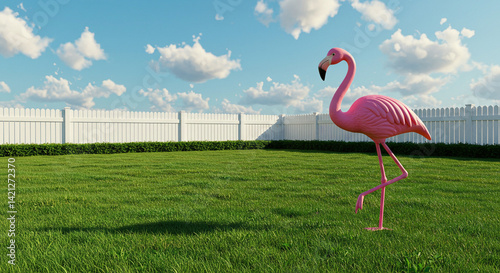 Pink Flamingo Ornament Standing on Green Lawn with White Fence