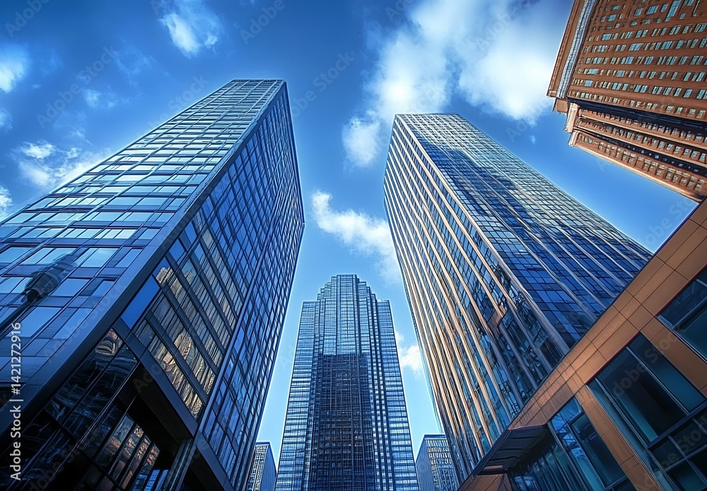 Obraz premium Modern cityscape with tall skyscrapers and blue sky, wide-angle low-angle view of business buildings in urban center