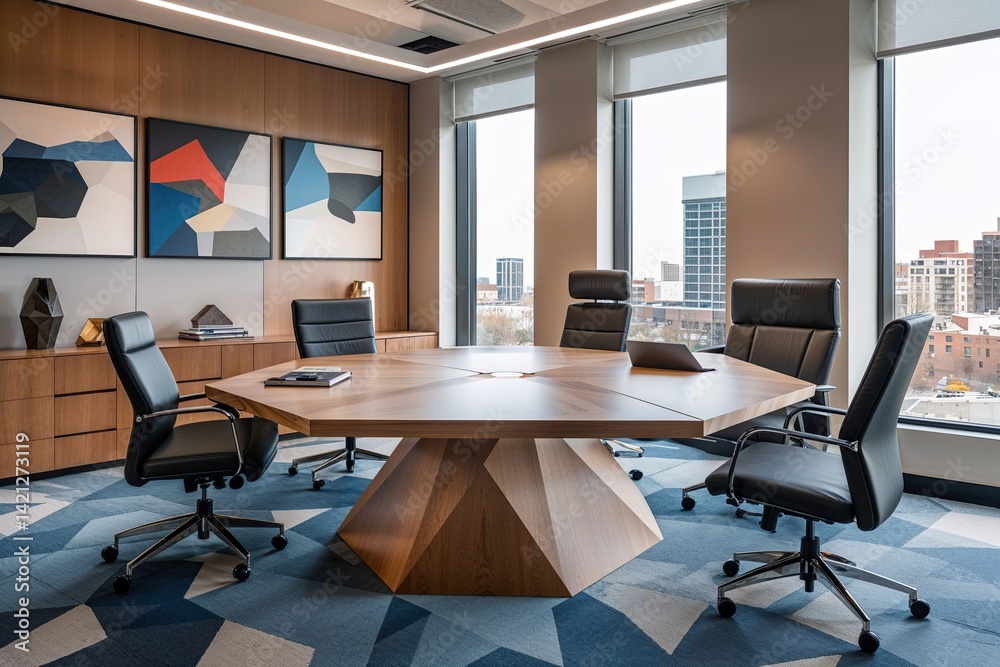 Contemporary Office Design Featuring Polygonal Conference Table and Elegant Executive Desk Setup