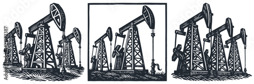 Set of three vector illustrations showing oil pumpjacks (nodding donkeys) in an oilfield. Woodcut or engraving style, depicting industrial energy extraction.