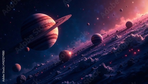 A mesmerizing view of colorful planets against a cosmic background.