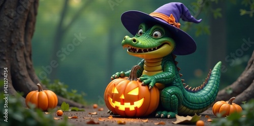 A whimsical alligator character wearing a witch hat and carving a pumpkin in a forest.
