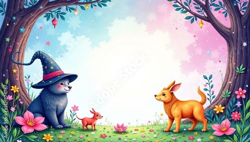 A whimsical illustration of friendly animals in a colorful magical forest setting.