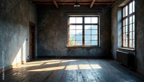 Bright and spacious empty room with large windows and wooden floorboards.