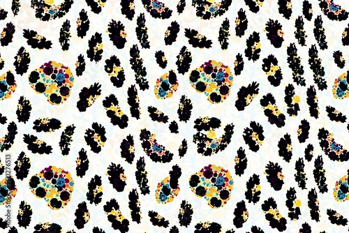 Vibrant leopard print pattern with colorful spots on a white background.