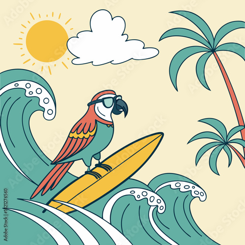 Parrot Wearing Sunglasses and Surfing