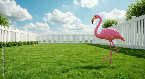 Pink Flamingo on Green Lawn with White Picket Fence and Cloudy Sky