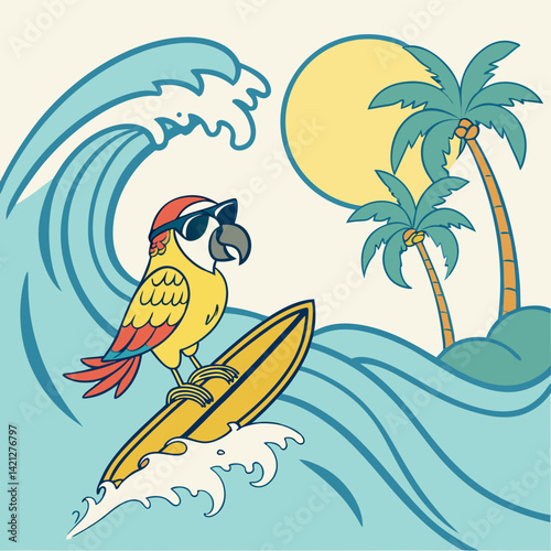 Parrot Wearing Sunglasses and Surfing