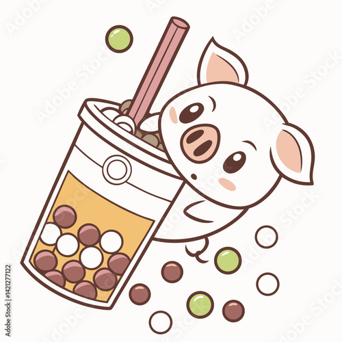Pig in a Cup of Bubble Tea – Funny Food Sticker