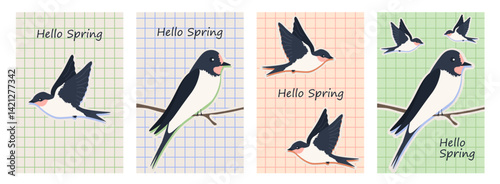 Set abstract Spring Posters with swallow bird. Contemporary Spring art prints in trendy colorful style, Spring party background. Springtime vector graphic. EPS 10