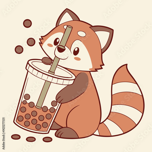 Red Panda Drinking Bubble Tea