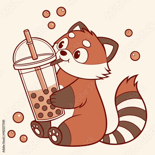 Red Panda Drinking Bubble Tea