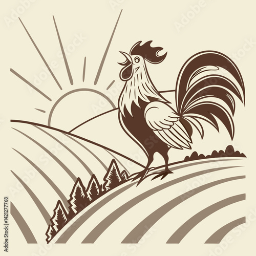 Rooster Crowing at Sunrise – Vintage Badge Design.