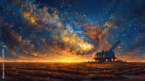 Animated video of a peaceful country house beneath a vast starry Milky Way sky
