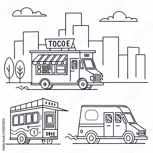 Street Food Trucks Set – Outline Vector Style