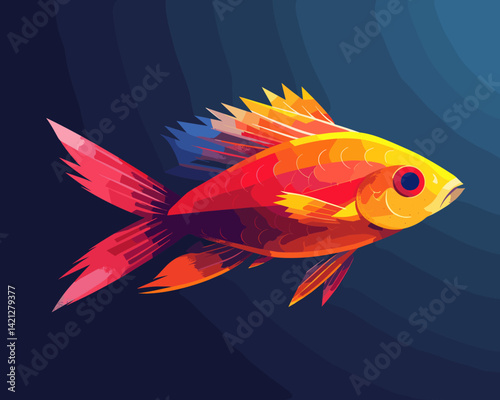 Colorful vector illustration of a red fish on a dark background.