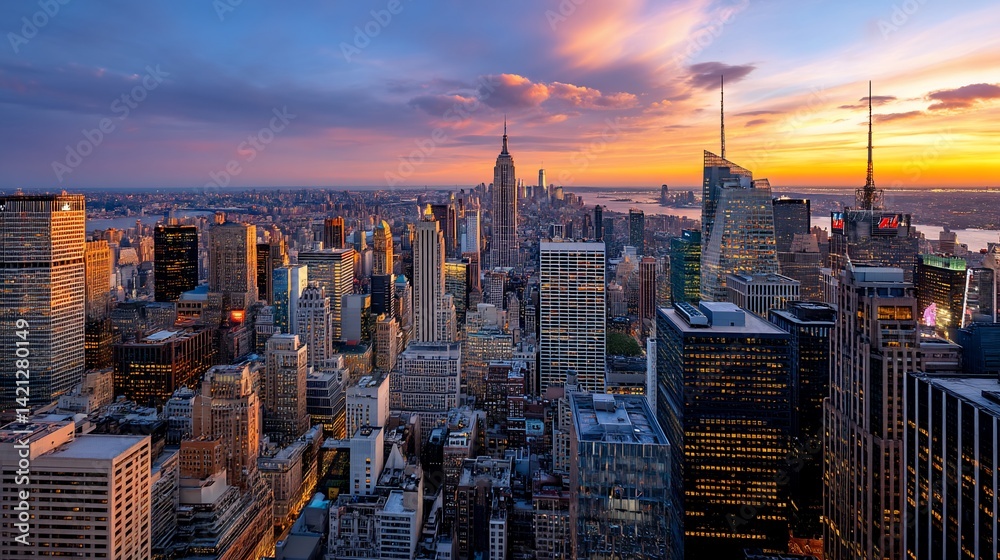 Obraz premium Panoramic cityscape view at sunset. Skyscrapers and city lights