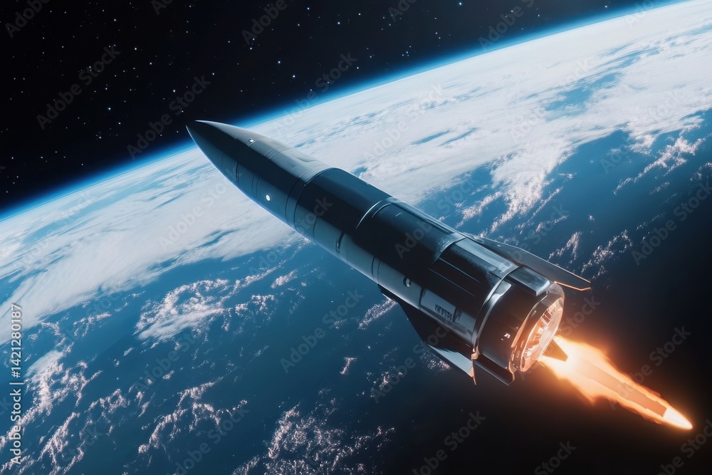Obraz premium Rocket launch soaring above Earth into the vastness of space in vibrant colors