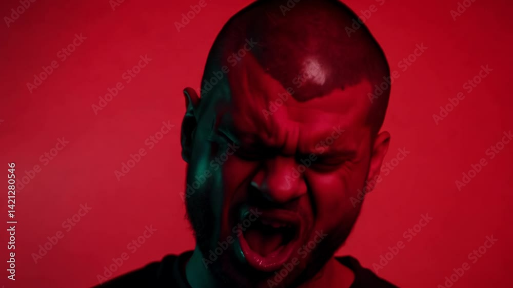 Close-up of a man with a mohawk and facial piercings, harsh neon light, static video, solid red background