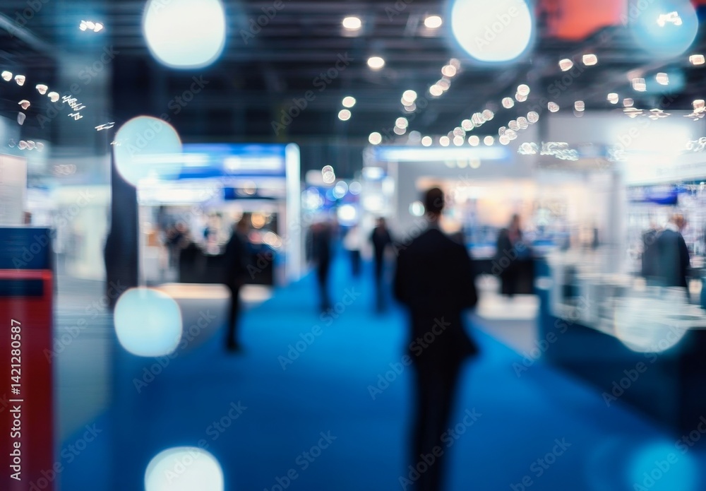 Abstract blurred background of international industrial exhibition with booth displays and visitors on blue carpet floor in modern indoor space Abstract blurred background of international industrial exhibition with booth displays and visitors on blue carpet floor in modern indoor space