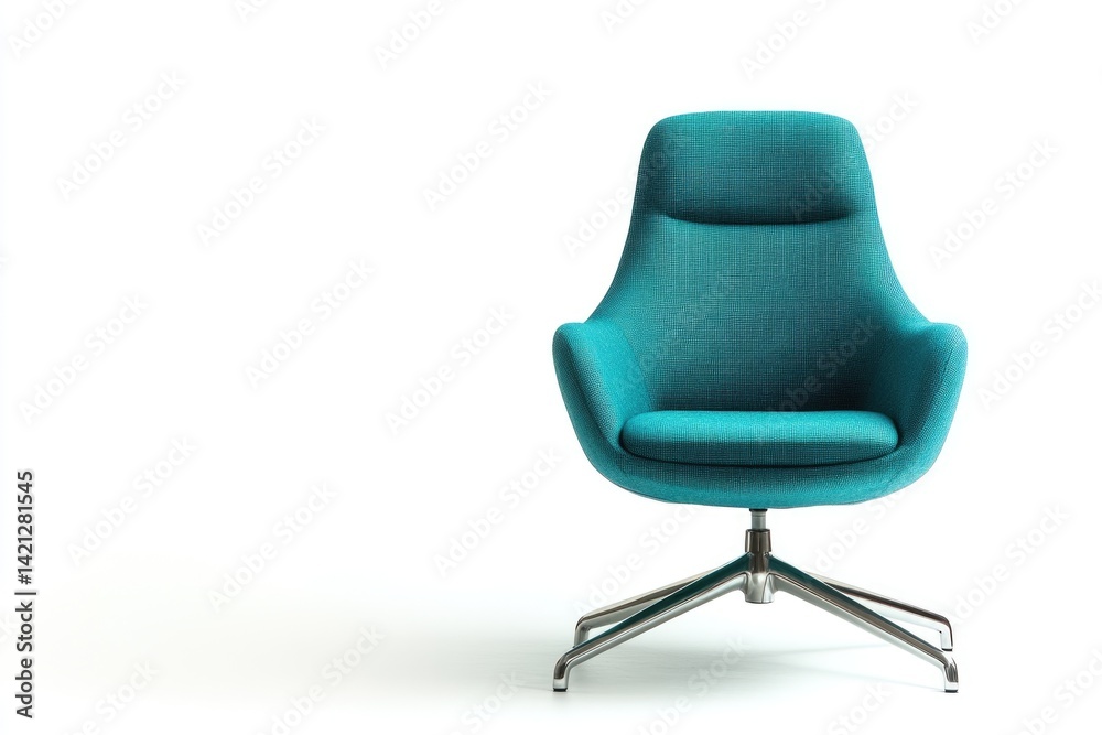 Fototapeta premium Modern teal swivel chair with a comfortable design, elegant metal legs, and soft upholstery.