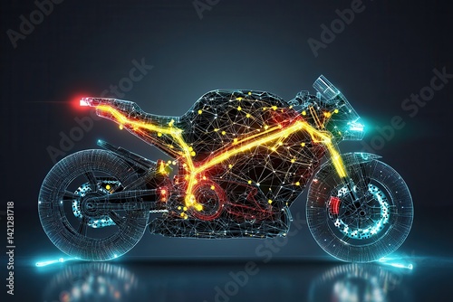 A futuristic motorcycle design created with glowing network lines and lights against a dark background, showcasing advanced technology.