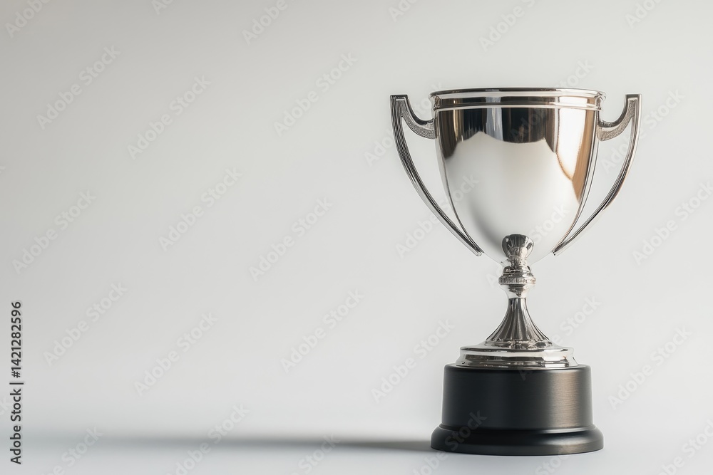 A gleaming silver trophy stands on a white background, symbolizing achievement and victory. A gleaming silver trophy stands on a white background, symbolizing achievement and victory.