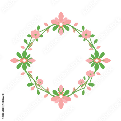 Logo design A vector decorative floral frame, pink and green colors, geometric shapes, blooming flowers and curved stems. Isolated on white background. Emphasize symmetry and visual clarity