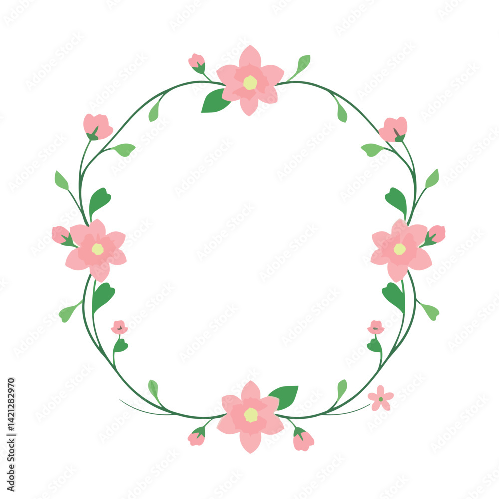 Logo design A vector illustration of a floral frame using geometric shapes. Pink and green flowers and curved stems are arranged symmetrically on a white background. Logo design A vector illustration of a floral frame using geometric shapes. Pink and green flowers and curved stems are arranged symmetrically on a white background.