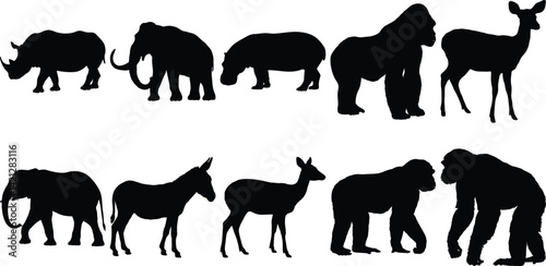 African Wildlife Silhouettes Collection featuring Rhino Elephant Hippo Gorilla Deer Donkey and more animals perfect for design projects