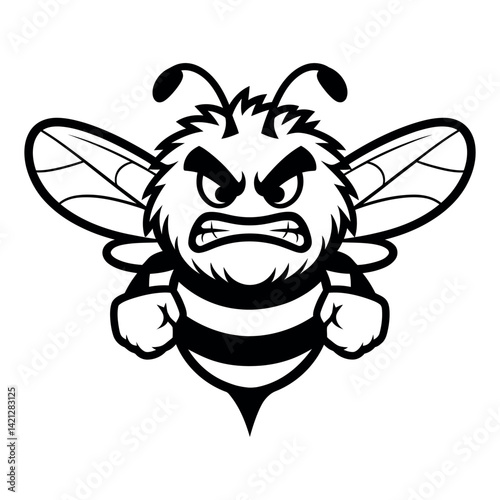Black and white angry bee mascot, perfect for sports teams, logos, and illustrations.