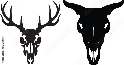 Majestic Deer and Longhorn Skulls graphic design elements for western, ranch, or hunting themes.