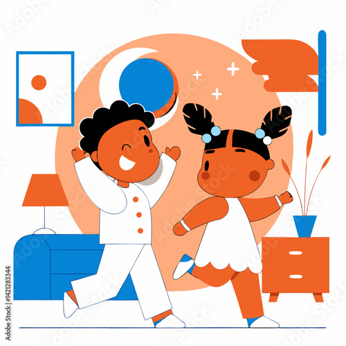 3D render of two joyful African American cartoon kids, a boy and girl, happily running in colorful pajamas, perfect for children's content and digital projects.