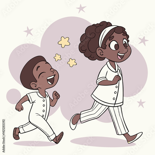 3D render of two joyful African American cartoon kids, a boy and girl, happily running in colorful pajamas, perfect for children's content and digital projects.