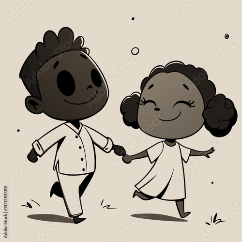 3D render of two joyful African American cartoon kids, a boy and girl, happily running in colorful pajamas, perfect for children's content and digital projects.