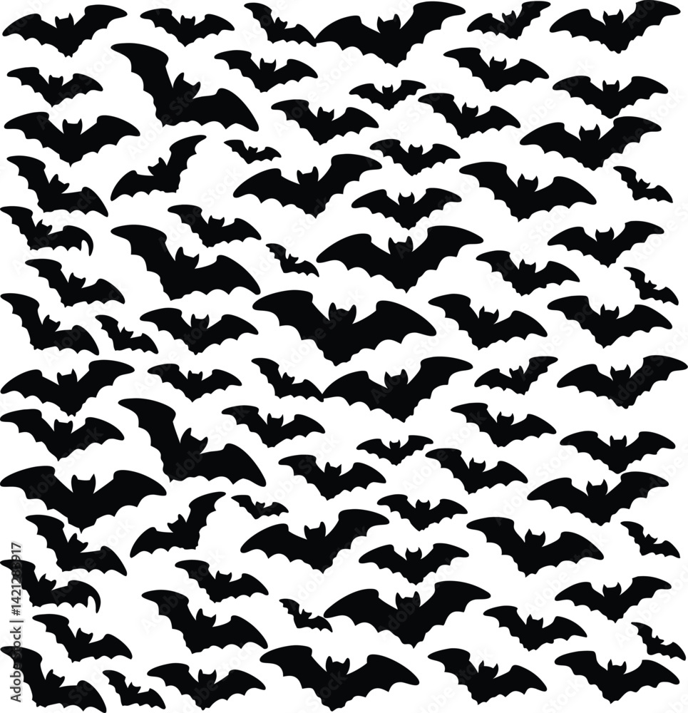 A Swarm of Bats Halloween Design Graphic featuring many black bat silhouettes on a white background A Swarm of Bats Halloween Design Graphic featuring many black bat silhouettes on a white background